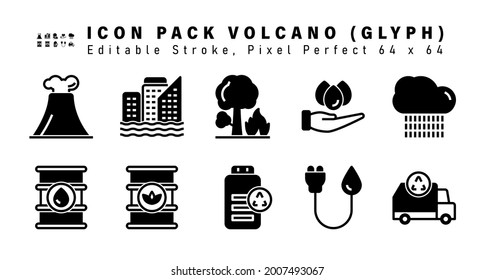 Icon Set von Volcano Glyph-Symbole. Enthält Symbole wie Regenwolke, Öltrommel, Ölfässer, Recycling-Akku etc. Bearbeitbare Schlaganfälle. 64 x 64 Pixel perfekt