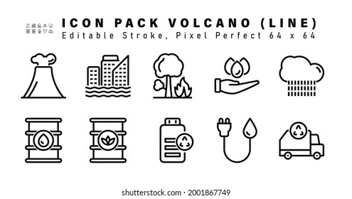 Icon Set of Volcano Line Icons. Contains such Icons as Rain Cloud, Oil Drum, Oil Barrel, Recycle Battery etc. Editable Stroke. Pixel Perfect