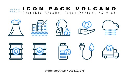 Icon Set Of Volcano Two Color Icons. Contains Such Icons As Rain Cloud, Oil Drum, Oil Barrel, Recycle Battery Etc. Editable Stroke. 64 X 64 Pixel Perfect