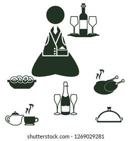 Icon set waitress and dishes with food from a restaurant: wine, champagne, chicken, cookie, tea. Service sign. waiter logo. Classic banner or label for restaurants, cafe and any business.