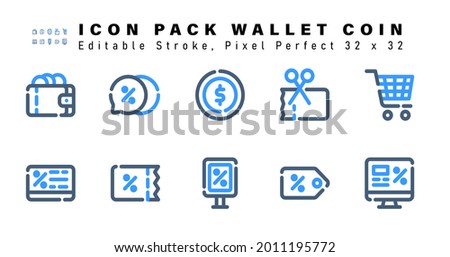 Icon Set of Wallet Two Color Icons. Contains such Icons as Cart, Card Discount, Coupon, Billboards etc. Editable Stroke. 32 x 32 Pixel Perfect