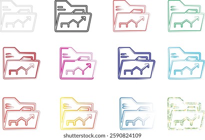 Icon set, warning symbols, folder icons, multicolor, minimalist design, exclamation marks, triangles, outlined shapes, digital graphics, user interface elements, alert notifications, varied color pale