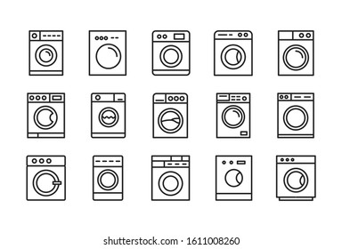 Icon set of washing machine. Editable vector pictograms isolated on a white background. Trendy outline symbols for mobile apps and website design. Premium pack of icons in trendy line style.
