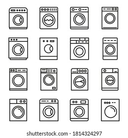 Juego de iconos de la lavadora. Pictogramas vectoriales editables aislados en un fondo blanco. Símbolos de diseño para aplicaciones móviles y diseño de sitios web. Paquete premium de iconos en estilo de línea de moda.