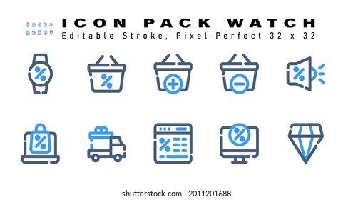 Icon Set of Watch Two Color Icons. Contains such Icons as Promotion, Shopping Online, Delivery Truck, Web etc. Editable Stroke. 32 x 32 Pixel Perfect