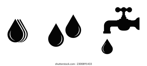 Icon set of water drop and tap with falling drop. vector illustration