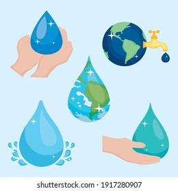 conjunto de iconos de agua y tierra sobre fondo azul, diseño colorido, ilustración vectorial