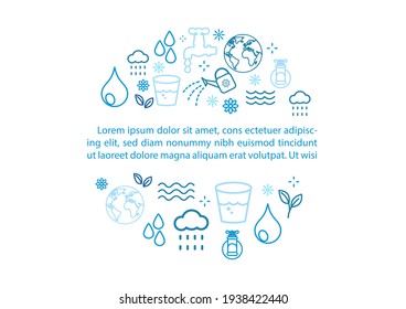 Icon set of water in flat style and example texts isolate on white background. Card and poster's campaign of world water day in flat icon style and vector design.