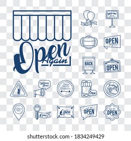 icon set of we are open signs and medical mask over white background, line style, vector illustration