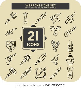 Armas de conjunto de iconos. relacionado con el símbolo Herramientas de guerra. estilo dibujado a mano. diseño simple editable. ilustración simple