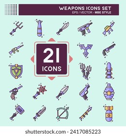 Armas de conjunto de iconos. relacionado con el símbolo Herramientas de guerra. Estilo MBE. diseño simple editable. ilustración simple