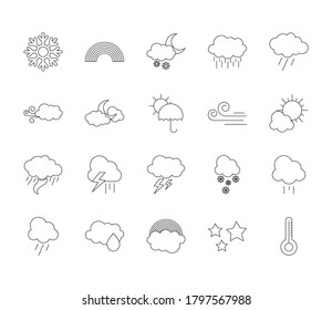 conjunto de iconos de clima y nubes sobre fondo blanco, estilo de línea, ilustración vectorial