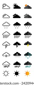 icon set weather, cloudy, drizzle, rain, snow, bright sun, outline design, black and white, and 3d. eps 10.