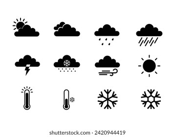 icon set weather, cloudy, drizzle, rain, snow, bright sun, outline design, black and white, and 3d. eps 10.