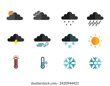 icon set weather, cloudy, drizzle, rain, snow, bright sun, outline design, black and white, and 3d. eps 10.