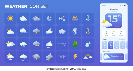 Icon set for weather forecast mobile app. Temperature, atmospheric pressure, weather condition icons vector illustration.
