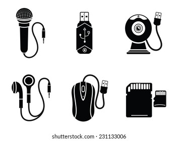 Icon set with web camera, flash drive, earpieces, memory stick, mouse, microphone on white background