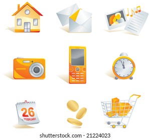 Icon set - web, commerce and electronics items: home, mail, media - images, documents, music, digital camera, cell phone, clock, calendar, money, shopping cart. Vector illustration