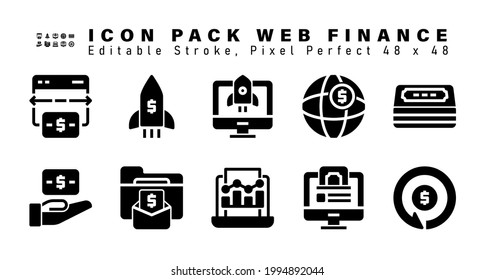 Icon Set of Web Finance Glyph Icons. Contains such Icons as Money, Give Money, Pay Check, Stock Market etc. Editable Stroke. 48x48 Pixel Perfect