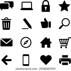 Icon set of web internet buttons Computer online shopping cart mail thrash lock like search print write chat. Simple thin line icons flat vector illustrations. Isolated on white transparent background