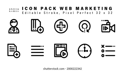 Icon Set of Web Marketing Line Icons. Contains such Icons as Video, Registry, Menu, Advertising etc. Editable Stroke. 32 x 32 Pixel Perfect