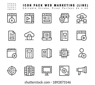 Conjunto de iconos de iconos de línea de vectores de marketing web. Contiene iconos como la velocidad de la Web, el vídeo Web, el documento, etc. 64x64 Pixel Perfecto
