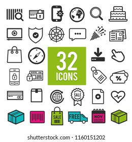 Icon Set for web and mobile apps - communication, travel, shopping, business, finance, transportation, medical, computer, media and marketing symbols on white background.