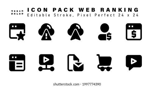 Conjunto de iconos de los iconos de glifos de clasificación web. Contiene los iconos como   Web, Diseño de sitio web, enlace de vídeo, correo electrónico, etc. Accionamiento editable. 24 x 24 Pixel Perfecto