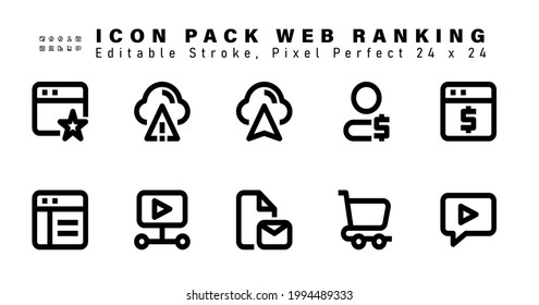 Conjunto de iconos de iconos de línea de clasificación web. Contiene iconos como Web, Diseño de sitio web, Enlace de vídeo, Correo electrónico, etc., Stroke editable. 48x48 Perfecto para píxeles