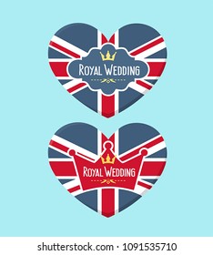 Icon set of wedding cards in the form of a heart textured under the British flag. On the card is the crown and the text: The Royal Wedding.