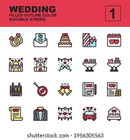 Icon set Wedding made with filled outline color technique, contains a ring, invitation, gift, souvenir, car, cake, mosque, church and more. You can be used for web, mobile and ui. Editable stroke.