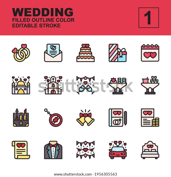 Icon set Wedding made with filled outline color\
technique, contains a ring, invitation, gift, souvenir, car, cake,\
mosque, church and more. You can be used for web, mobile and ui.\
Editable stroke.
