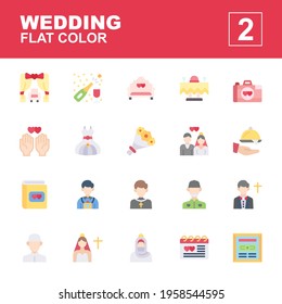 Icon set Wedding made with flat color technique, contains an arch, decoration, champagne, chair, groom, bride, priest, christian, islam, dowry, photo and more. You can be used for web, mobile and ui.