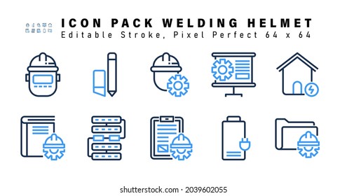 Icon Set Of Welding Helmet Two Color Icons. Contains Such Icons As Power House, Book Setting, Network, Clipboard Document Setting Etc. Editable Stroke. 64 X 64 Pixel Perfect