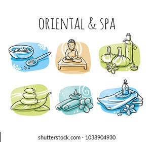 Icon set wellness, spa, meditation, with lotus flower, candles, towels, buddha stature, bath salt, leafs and flowers. Hand drawn cartoon sketch vector illustration, marker style coloring on tiles. 
