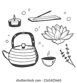 Icon set wellness, spa, meditation, with lotus flower, candles, towels, buddha, bath salt, leafs and flowers. Hand drawn doodle vector illustration.