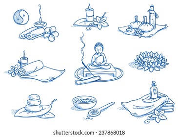 Icon set wellness, spa, meditation, with lotus flower, candles, towels, buddha, bath salt, leafs and flowers. Hand drawn doodle vector illustration.