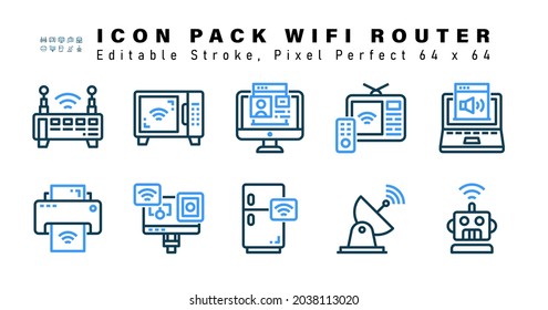 Icon Set of Wfi Router Two Color Icons. Contains such Icons as  Speaker, Printer, Action Camera, Fridge etc. Editable Stroke. 64 x 64 Pixel Perfect