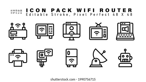 Icon Set of Wifi Router Vector Line Icons. Contains such Icons as Speaker, Printer, Action Camera, Fridge etc. Editable Stroke. 48x48 Pixel Perfect