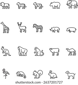 Icon set of wildfile animals of Africa safari zoo. Editable stroke. Thin line icons collection, flat illustrations.