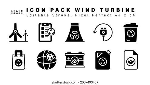 Icon Set of Wind Turbine Glyph Icons. Contains such Icons as  Recycling Bin, Bag, Global, Car Battery etc. Editable Stroke. 64 x 64 Pixel Perfect