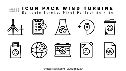 Icon Set of Wind Turbine Line Icons. Contains such Icons as Recycling Bin, Bag, Global, Car Battery etc. Editable Stroke. Pixel Perfect