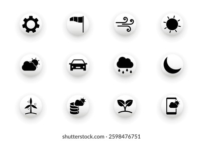 Icon set with wind, weather, rain, wind energy, weather tracking flag icons. Solid vector icons.