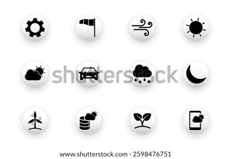 Icon set with wind, weather, rain, wind energy, weather tracking flag icons. Solid vector icons.