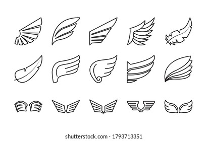icon set of wings and falcon wings over white background, line style, vector illustration