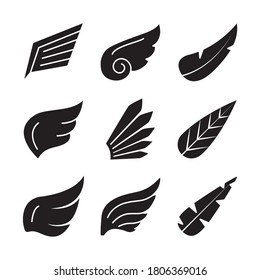 icon set of wings and feathers over white background, silhouette style, vector illustration