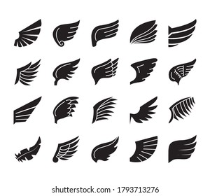 icon set of wings and tribal wings over white background, silhouette style, vector illustration