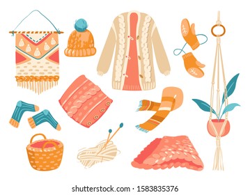 Icon set of winter knitted clothes and knitting tools isolated on white background. Hat with a pompom, scarf and mitten set knitted seasonal winter accessories. Knitted socks, pillow, plaid thick yarn