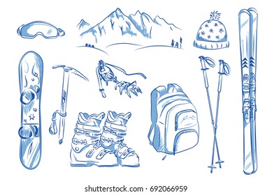 Icon set of winter objects: ski, crampons, snowboard. Hand drawn vector illustration. 