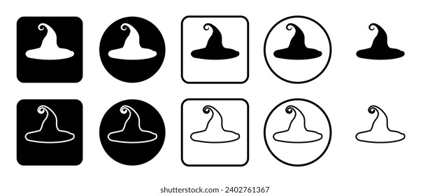 Icon set of witch hat symbol. Filled, outline, black and white icons set, flat style.  Vector illustration on white background